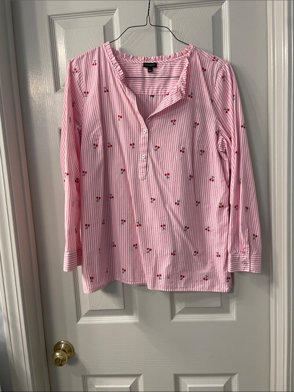 Talbots Pink & Red Striped Cherry-Print Long-Sleeve pop over top